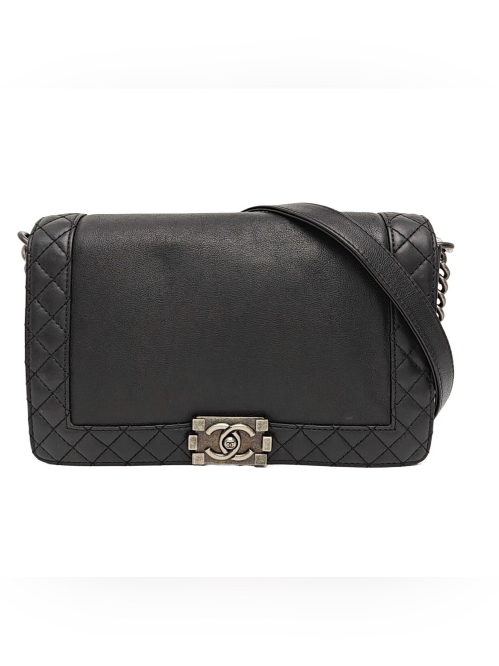 CHANEL Black Quilted & Smooth Leather Shoulder Bag with Silver-Tone CC Lock